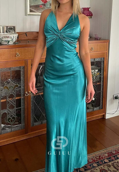 Chic Sheath Halter Neck Long Party with Backless Bowknot Party Dress