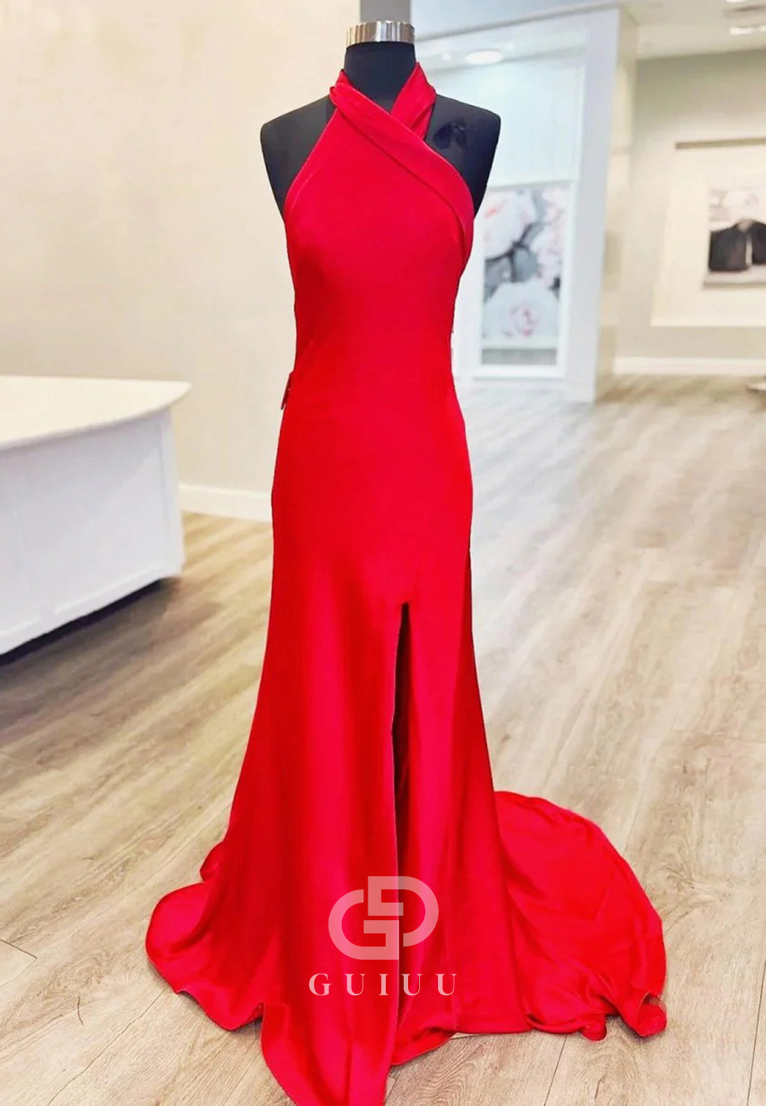 Red Halter Sleeveless Satin Mermaid Long Prom Dress With Slit