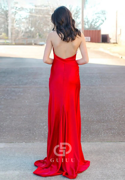 Red Halter Sleeveless Satin Mermaid Long Prom Dress With Slit