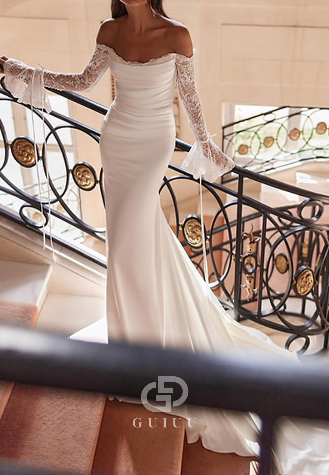 Trumpet Off-Shoulder Long Sleeves Stretch Chiffon Wedding Dress