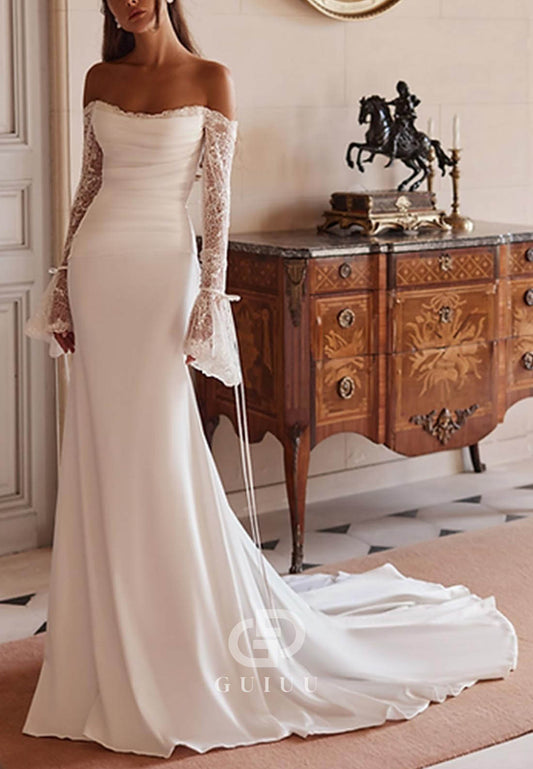 Trumpet Off-Shoulder Long Sleeves Stretch Chiffon Wedding Dress