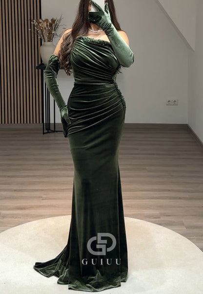 Velvet Pleats Sleeveless Floor-Length Prom Evening Dress