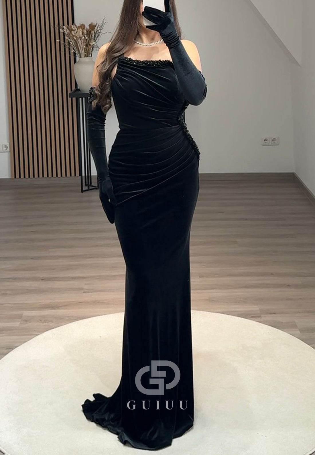 Velvet Pleats Sleeveless Floor-Length Prom Evening Dress