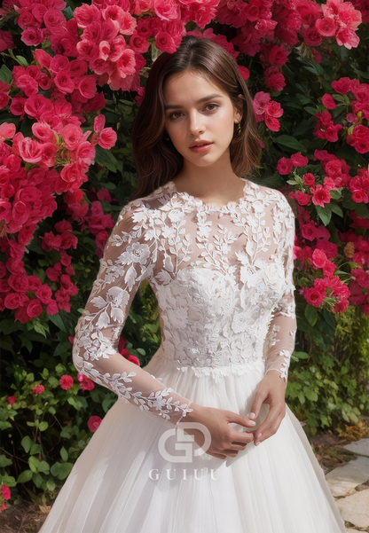 Tulle A-Line Lace Appliques Wedding Dress with Long Sleeves