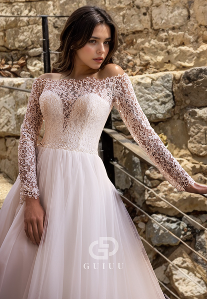 Tulle A-Line Lace Appliques Wedding Dress with Long Sleeves