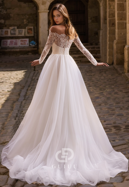 Tulle A-Line Lace Appliques Wedding Dress with Long Sleeves