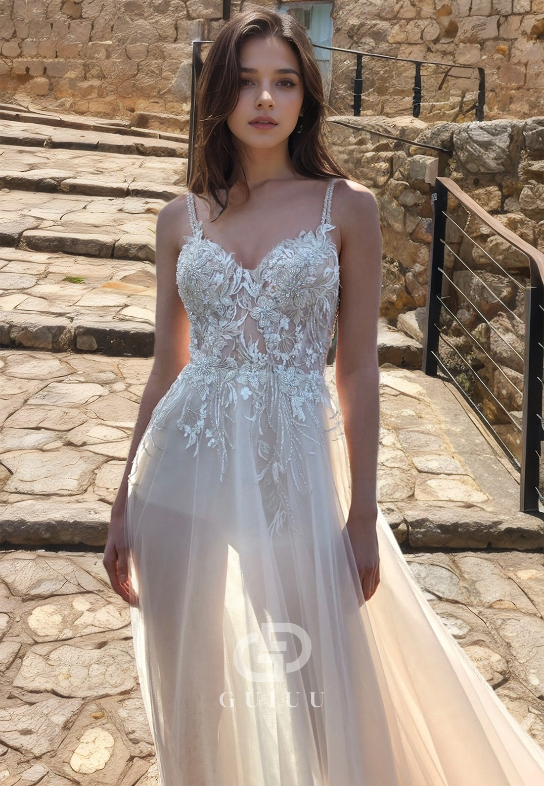 Tulle A-Line Sleeveless Beaded Wedding Dress with Lace Appliques and Spaghetti Straps