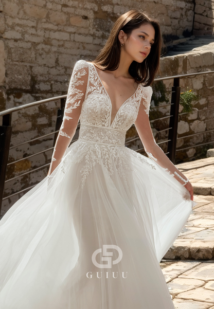 Tulle V-Neck Sequined A-Line Long Sleeves Wedding Dress with Lace Appliques