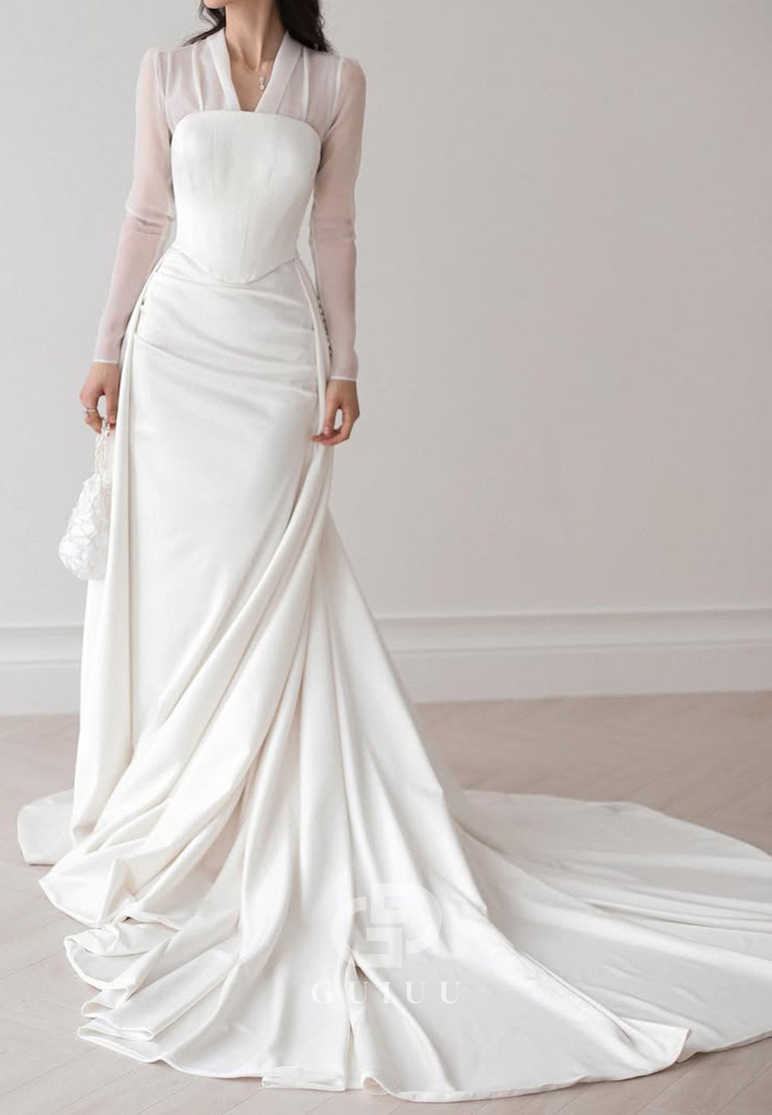 V-Neck Long Sleeves Empire-Waist Satin Wedding Dress