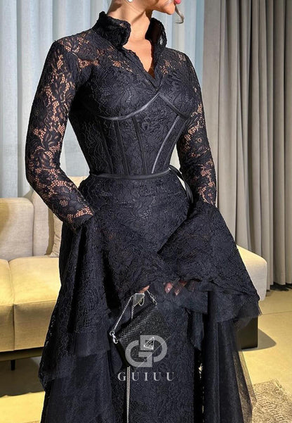 V-Neck Long Sleeves Lace Appliques Mermaid Evening Dress