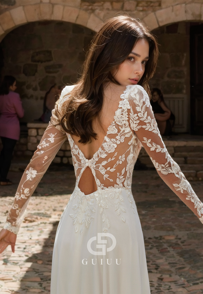 V-Neck Long Sleeves Sheath Lace Appliques Wedding Dress with Sweep Train