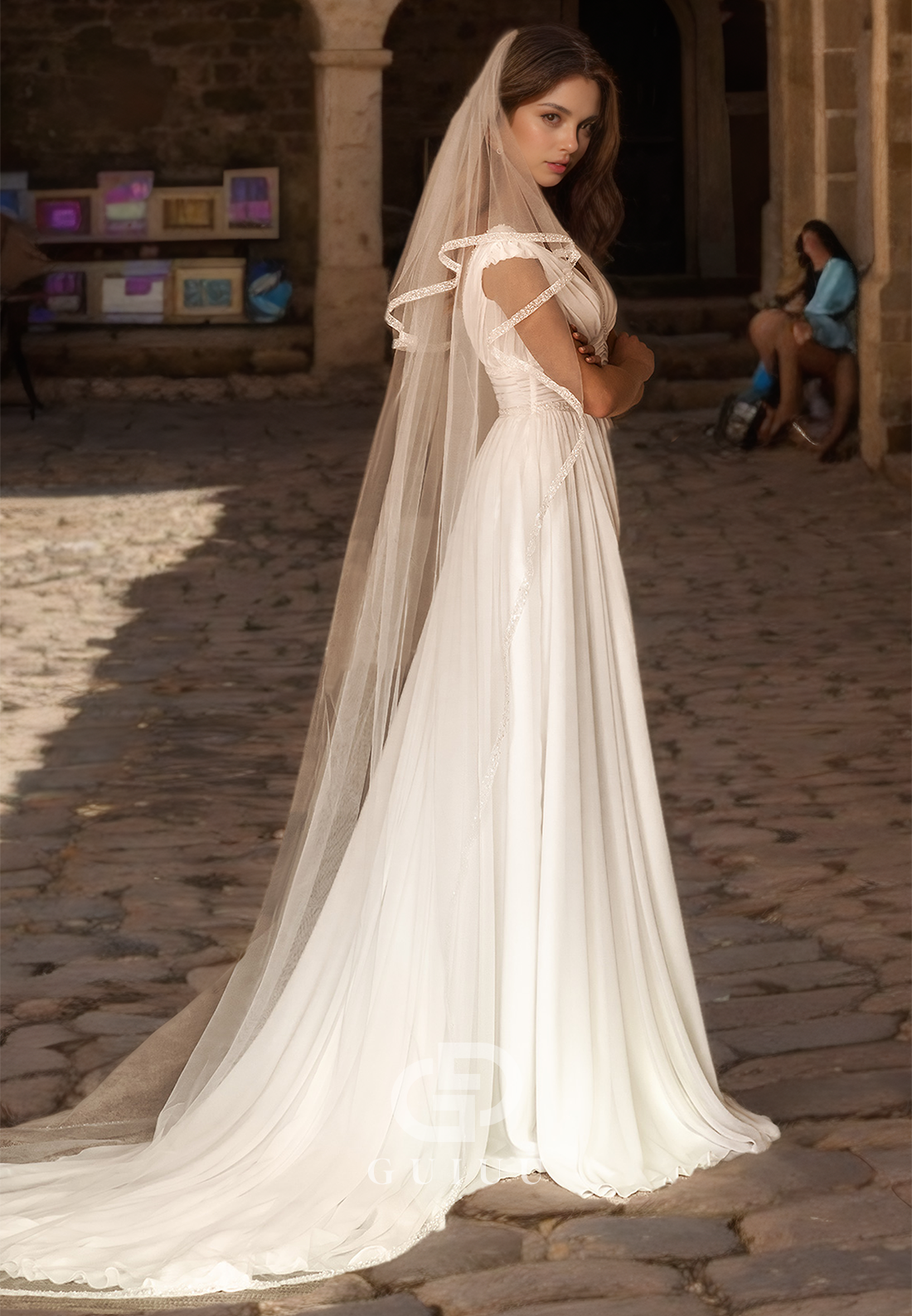 V-Neck Pearls Side Slit Sleeveless Wedding Dress with Sweep Train