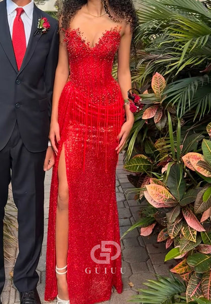 Red V-Neck Sleeveless Beaded Embroidery Sheath Sparkly Prom Dress