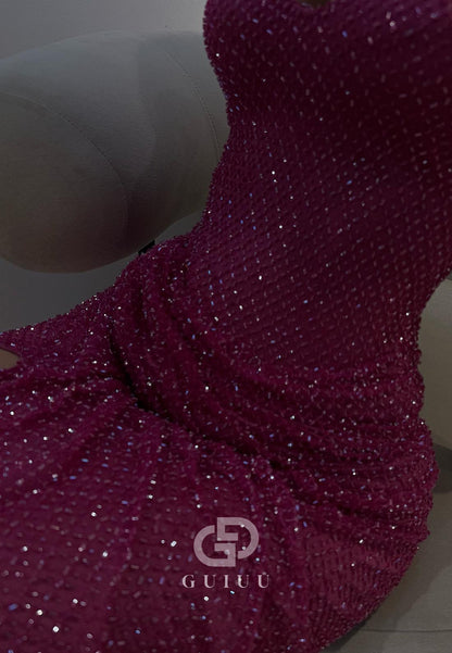 Fuchisa Strapless Sleeveless Ruched Lace Prom Dress