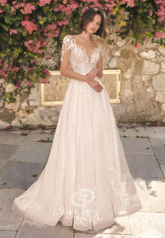 Ornate V-Neck A-Line Tulle Lace Wedding Dress with Lace Appliques