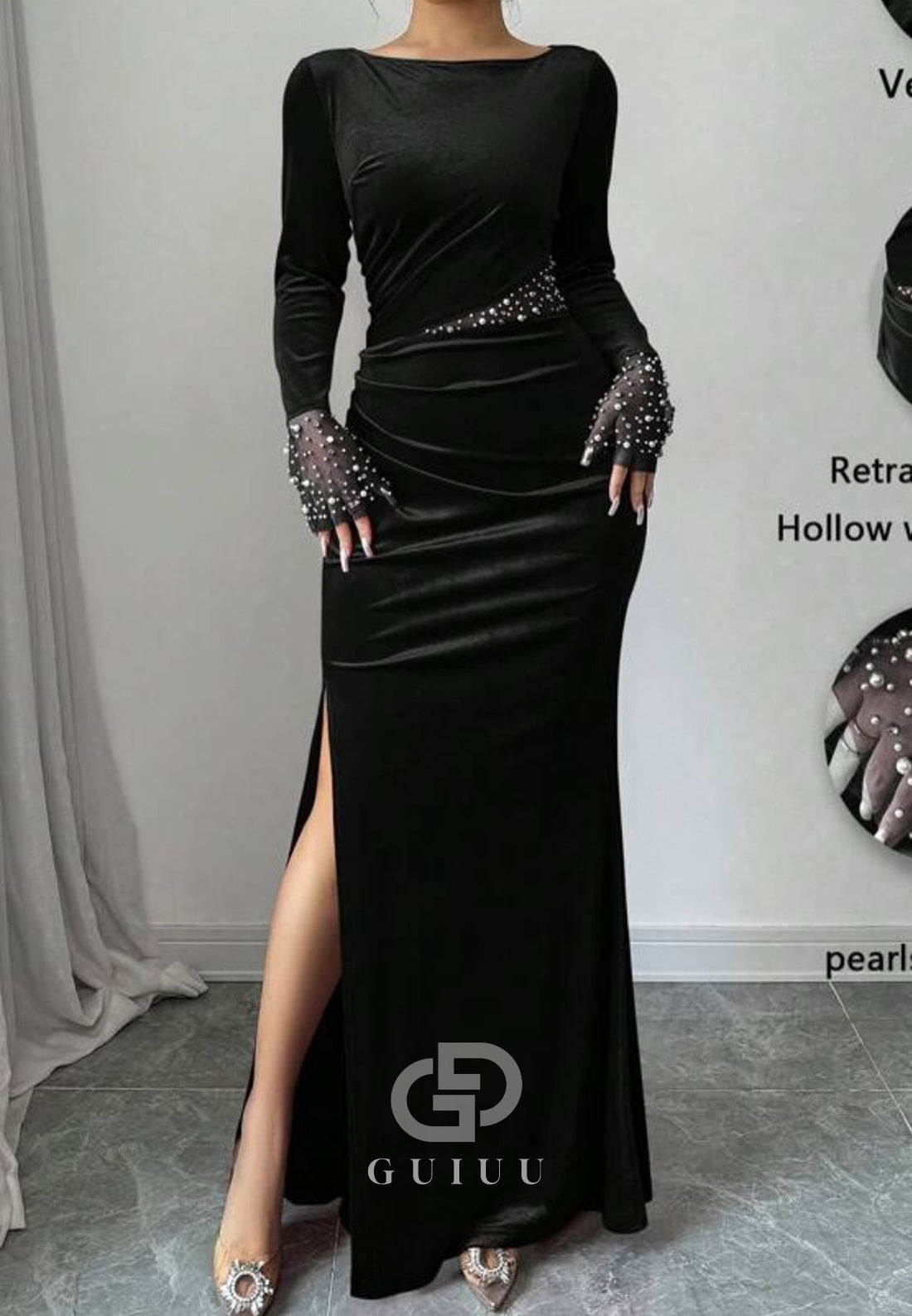 Velvet Pleats Long Sleeves Slit Sequins Evening Dress