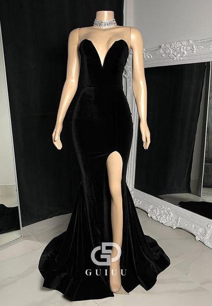 Velvet Pleats Sleeveless Strapless Mermaid Slit Prom Dress