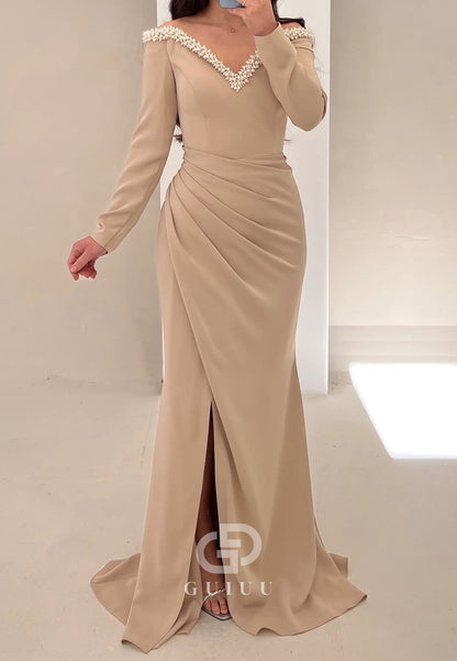 Vintage Rose Long Sleeves V-Neck Ruched Evening Dress