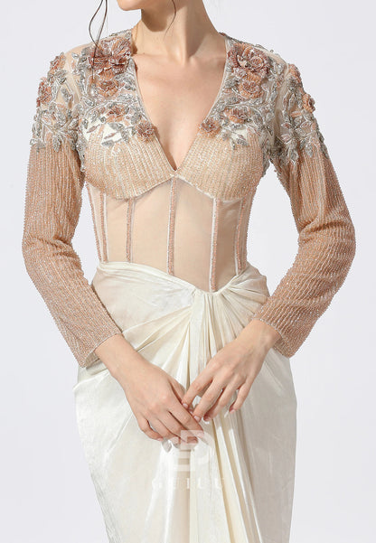 Charming Long Sleeeves V-Neck Ruched Evening Dress