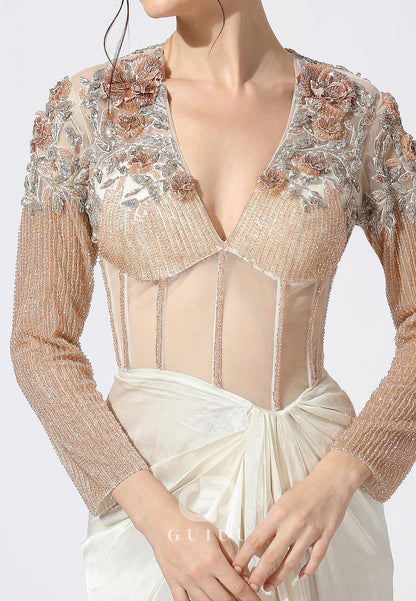 Charming Long Sleeeves V-Neck Ruched Evening Dress