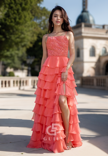 Watermelon A-Line Scoop Prom Dress with Slit Backless Evening Party Dress