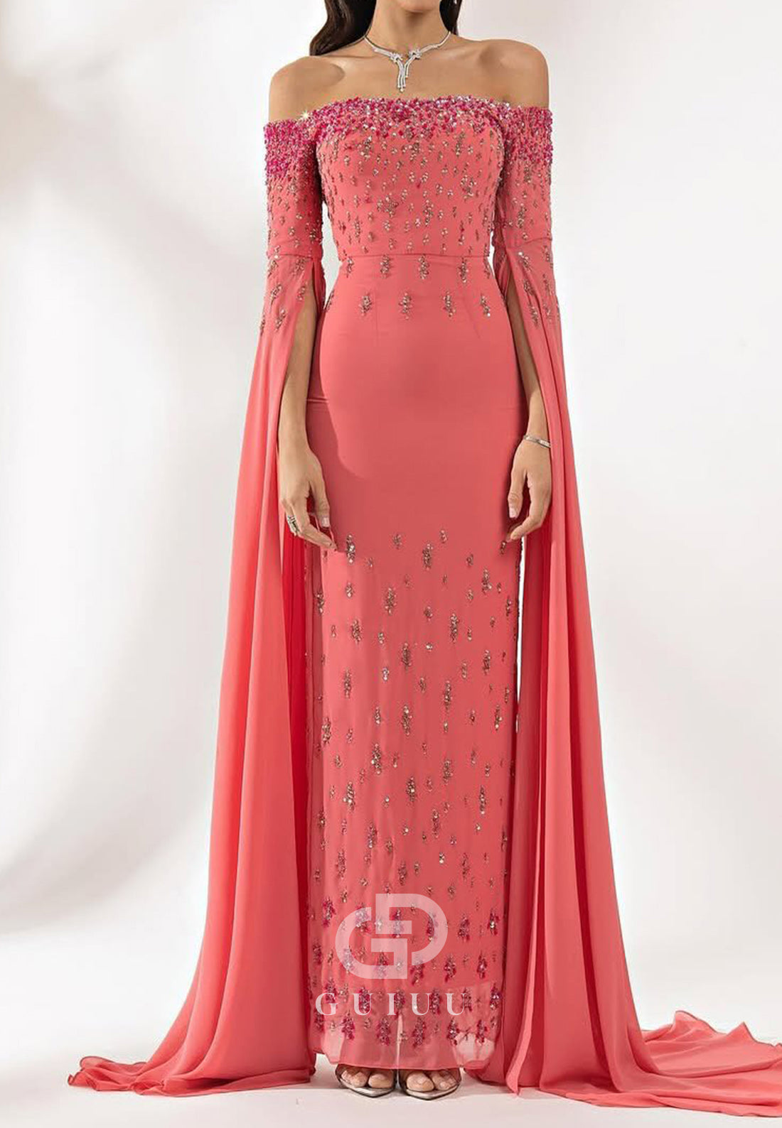 Watermelon Long Sleeves Off-Shoulder Sequins Evening Dress