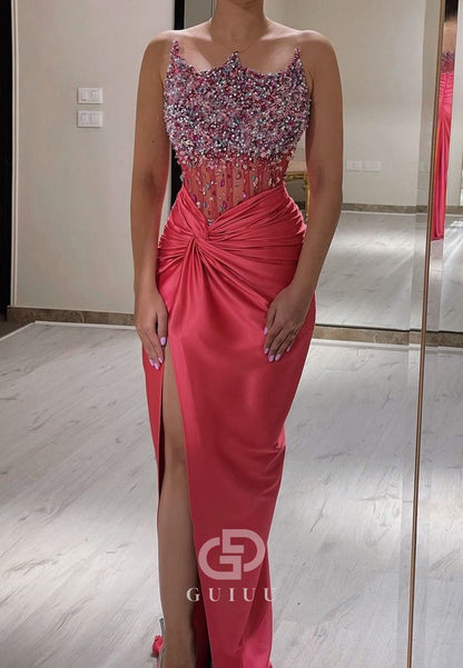 Watermelon Sleeveless Strapless Beads Corset Tulle Prom Dress