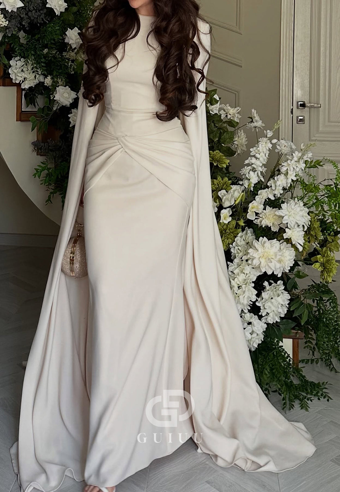 White A-Line Cape A-Line Ruched Mother of the Bride Dress