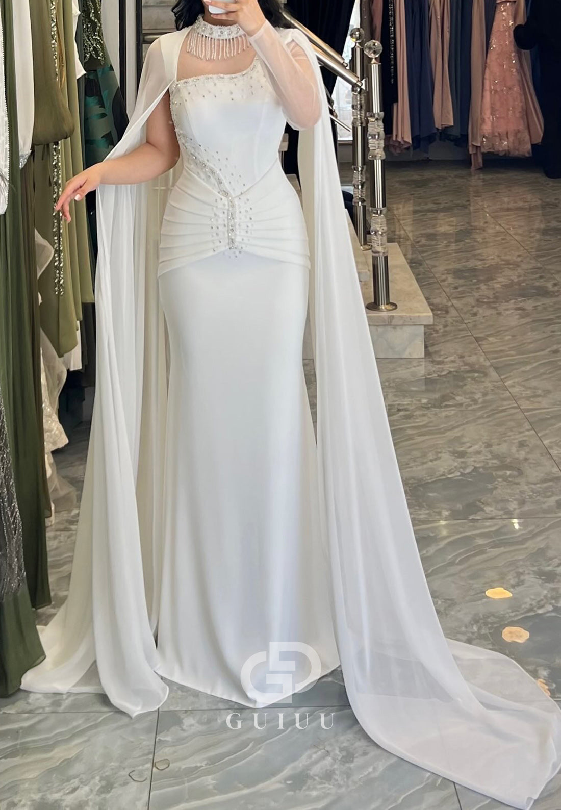 White Cape Halter Sequins Satin Evening Dress