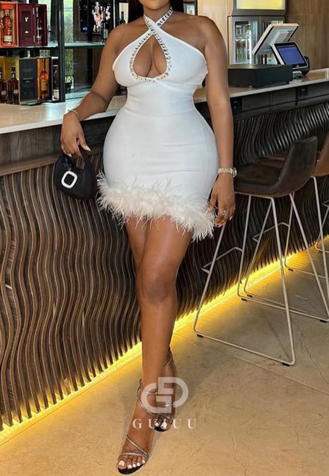 White Halter Sleeveelss Feathers Mini Homecoming Dress