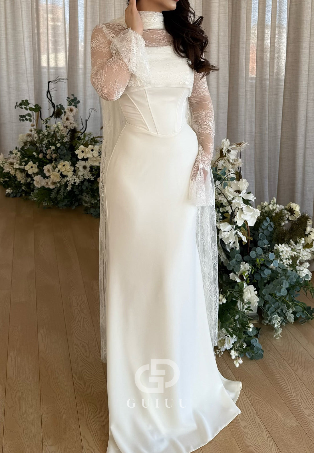 White Long Sleeves High Neck Ruched A-Line Prom Dress