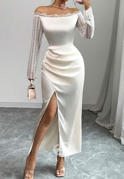 White Long Sleeves Slit Ruched Ankle-Length Evening Dress