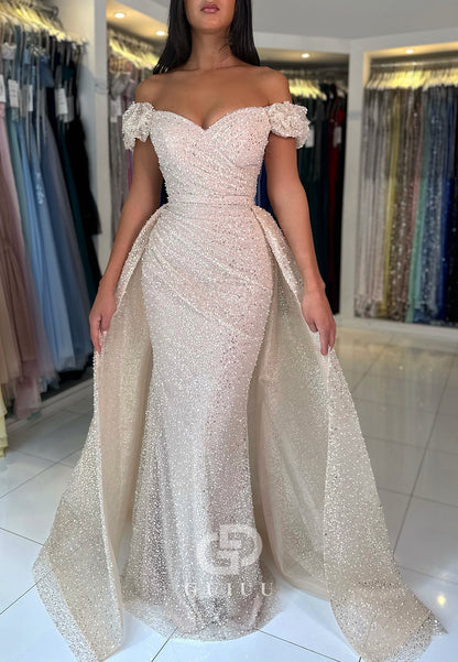 White Mermaid Off-Shoulder Sequins Sweep Train Prom Dress