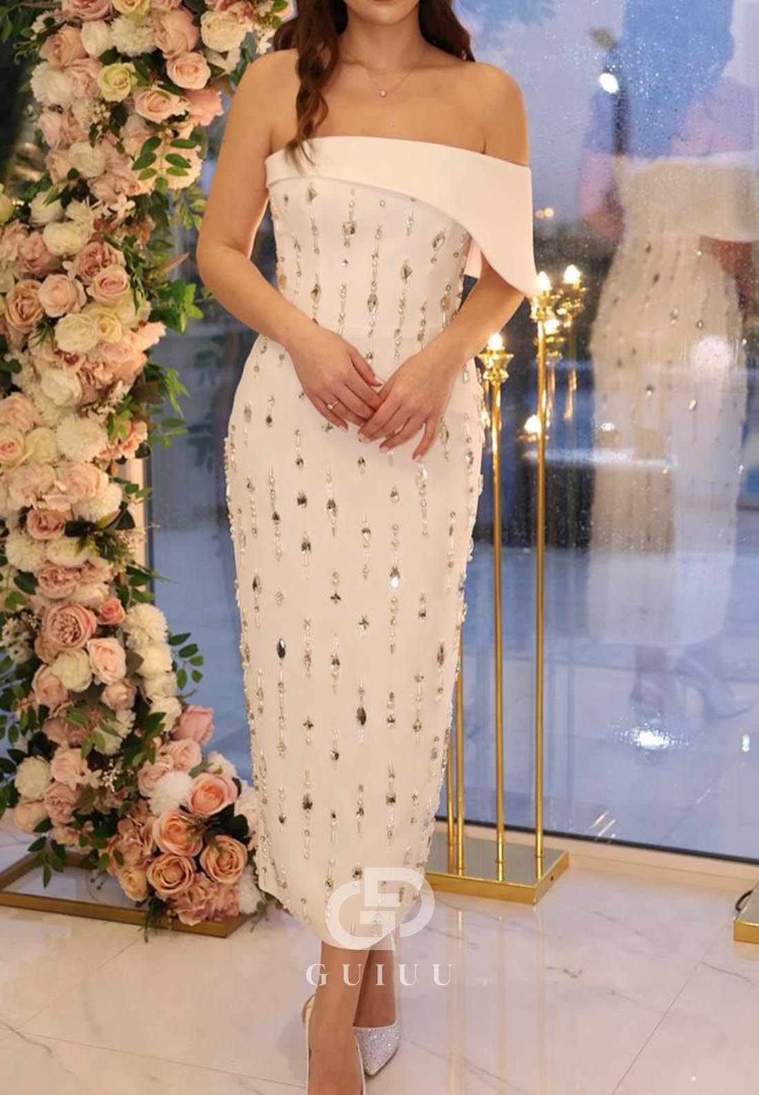 White One Shoulder Off-Shoulder Beads Satin Evening Dress