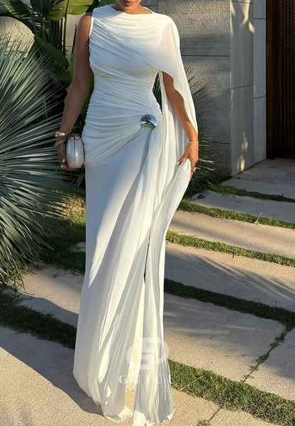 White One Shoulder Scoop Ruched A-Line Prom Dress