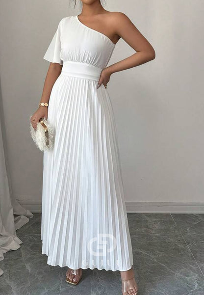 White One Shoulder Short Sleeves Empire-Waist Evening Dress