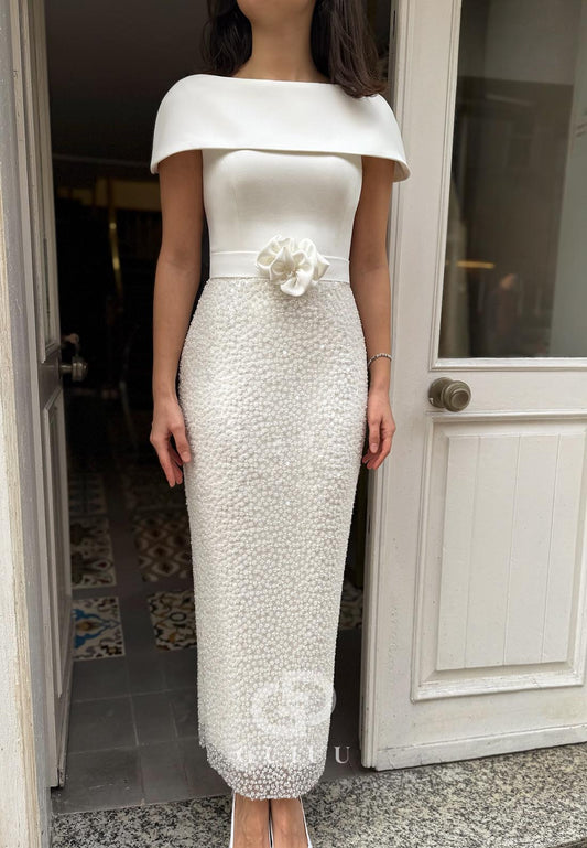 White Short Sleeves Scoop Floral Appliques Evening Dress