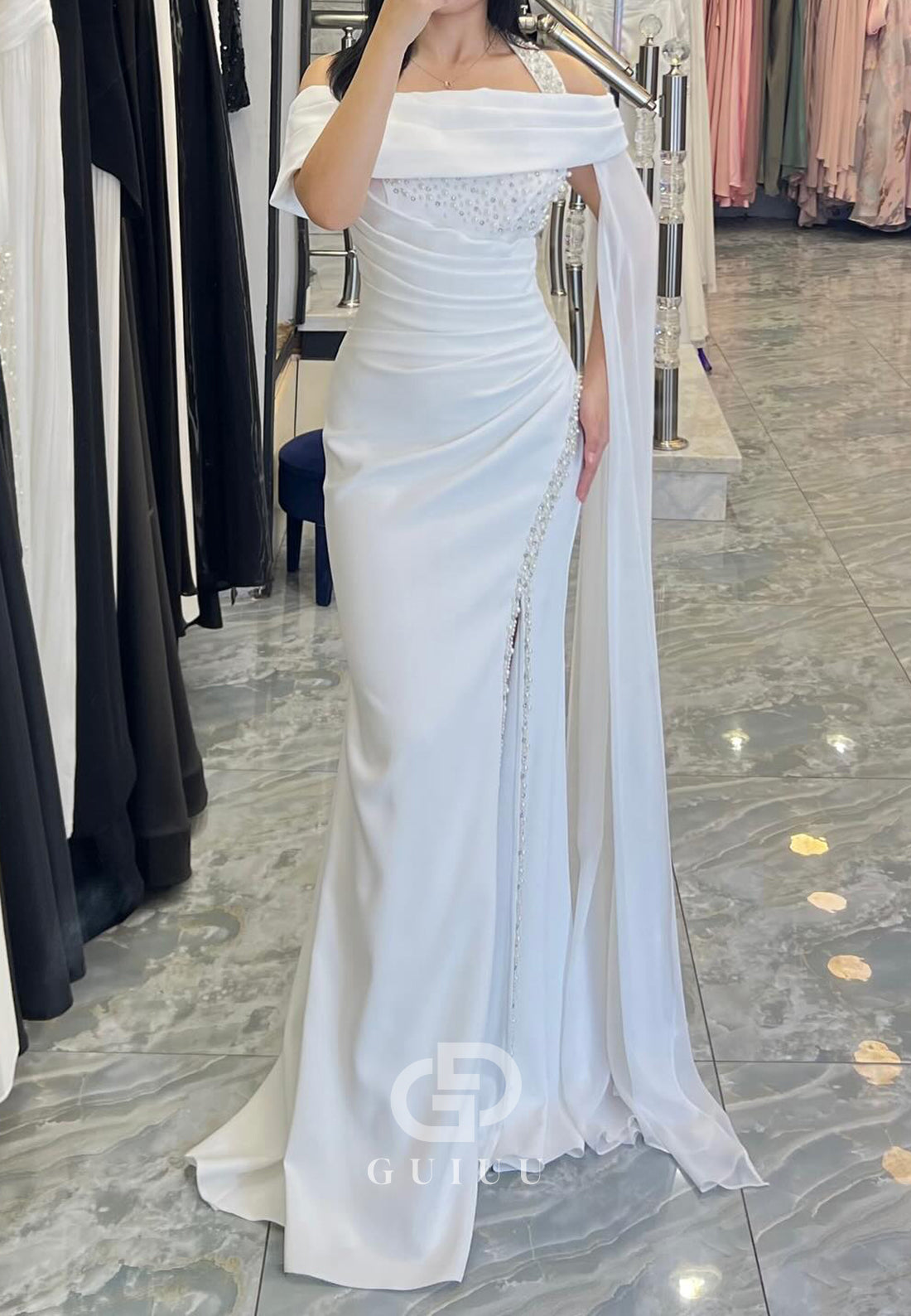 White Sleeveless Strapless Beads Ruched Prom Dress