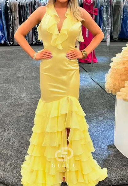 Yellow Halter Ruffles Chiffon V-Neck Mermaid Long Prom Dress with Slit