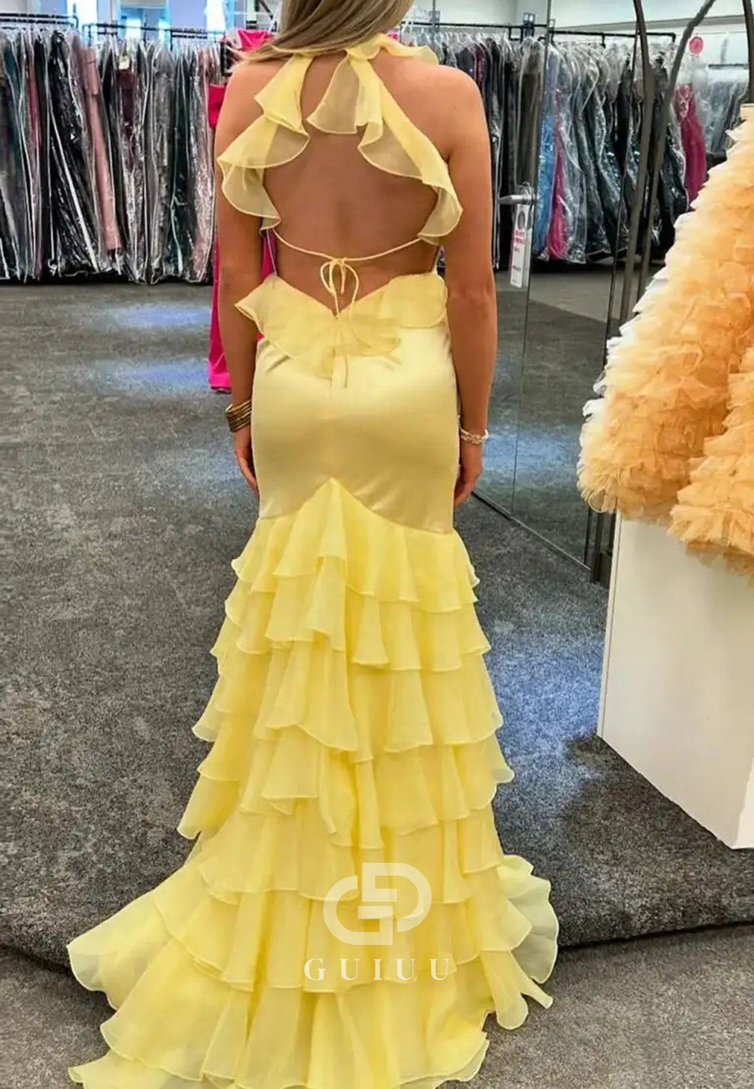 Yellow Halter Ruffles Chiffon V-Neck Mermaid Long Prom Dress with Slit
