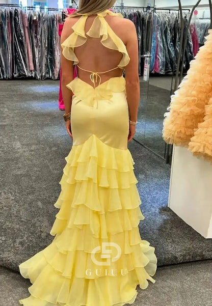 Yellow Halter Ruffles Chiffon V-Neck Mermaid Long Prom Dress with Slit