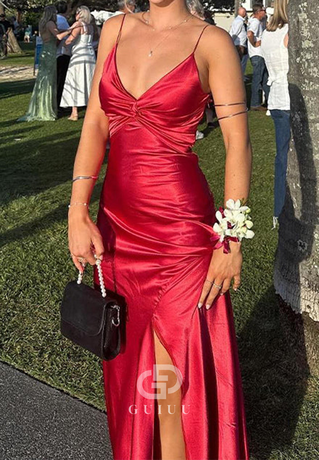 Mermaid Twist Front Spaghetti Straps Satin Long Prom Dress