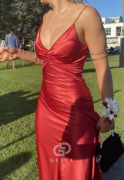 Mermaid Twist Front Spaghetti Straps Satin Long Prom Dress