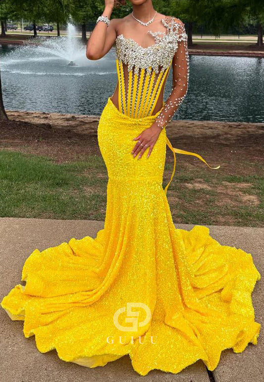 Yellow One Shoulder Sleeves Beads Mermaid Prom Dress