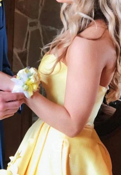 Yellow Strapless A-Line Sweetheart Appliques Prom Dress with Slit