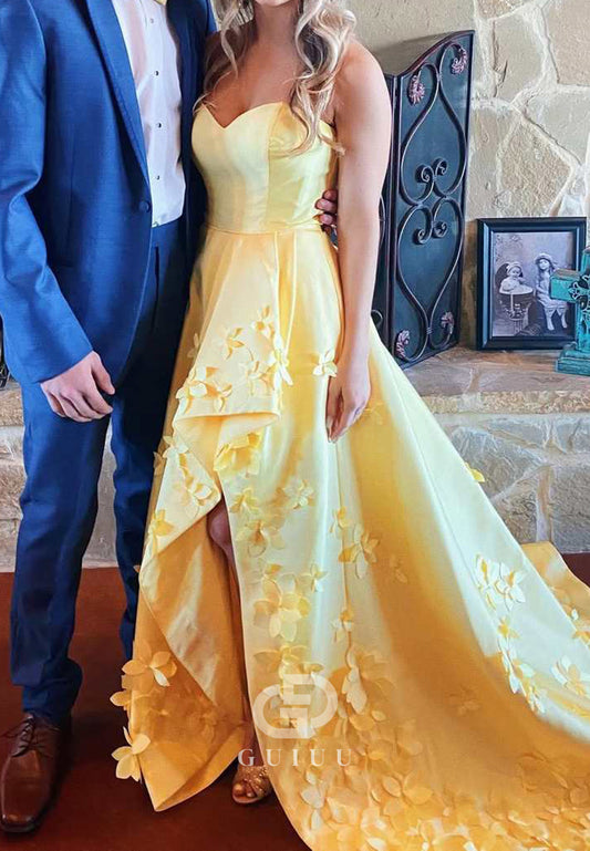 Yellow Strapless A-Line Sweetheart Appliques Prom Dress with Slit