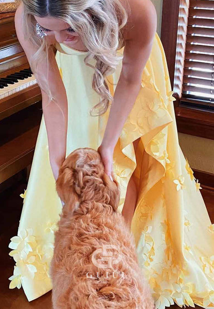 Yellow Strapless A-Line Sweetheart Appliques Prom Dress with Slit