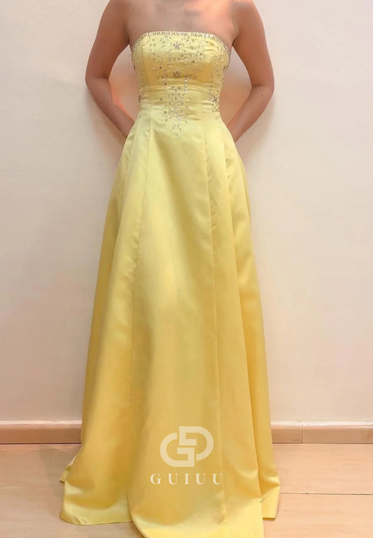 Yellow Strapless Appliques A-Line Satin Empire-Waist Long Prom Dress