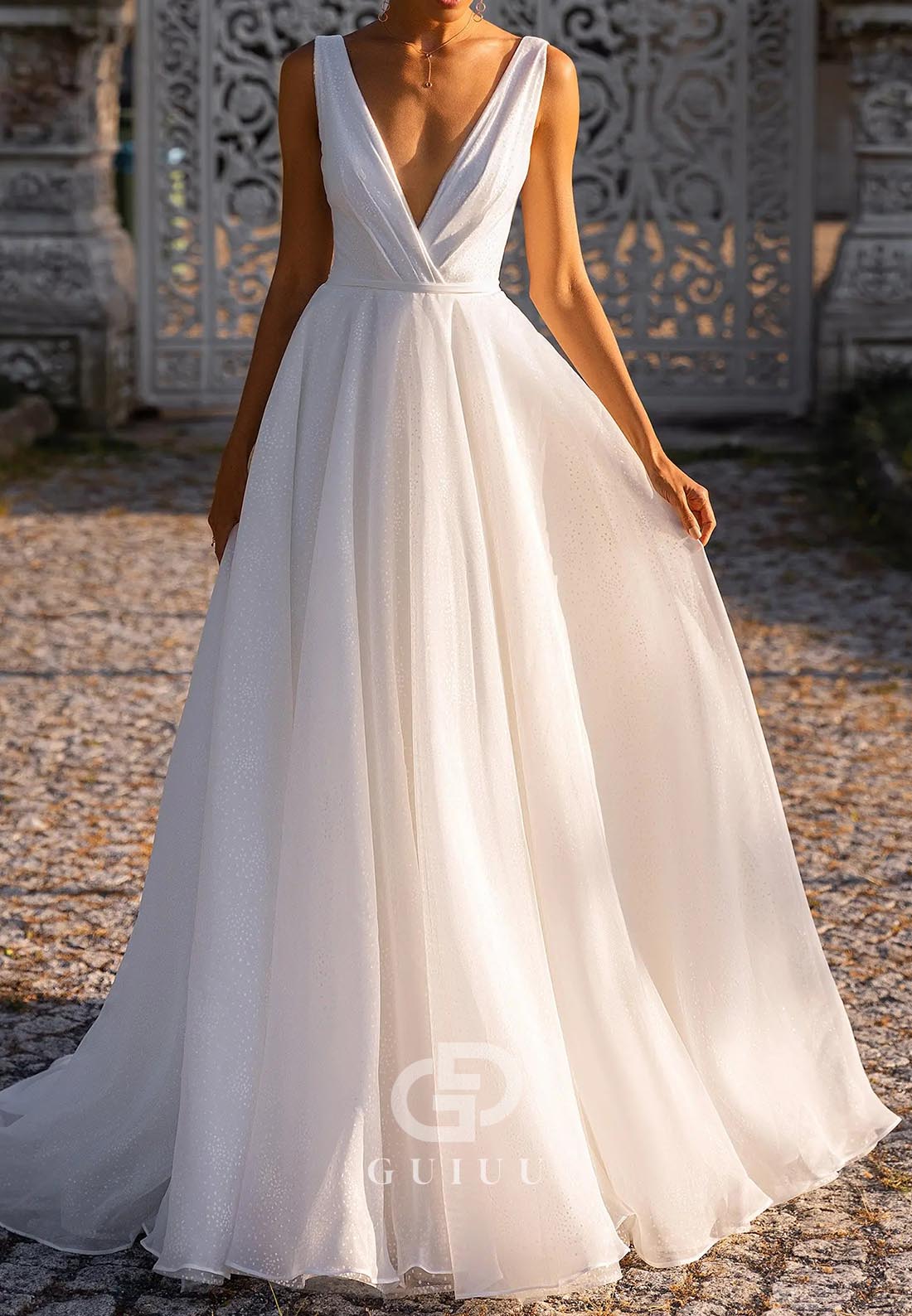 A-Line Spaghetti Straps V-Neck Backless Lace Wedding Dress