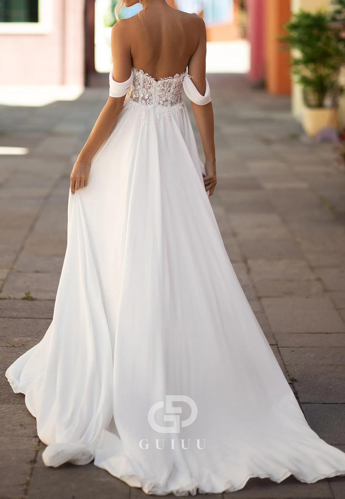 Simple A-Line Off-Shoulder Corset Tulle Beach Wedding Dress